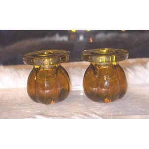 Vintage Amber Glass Pumpkin-Form Taper Candle Holders - Set of 2